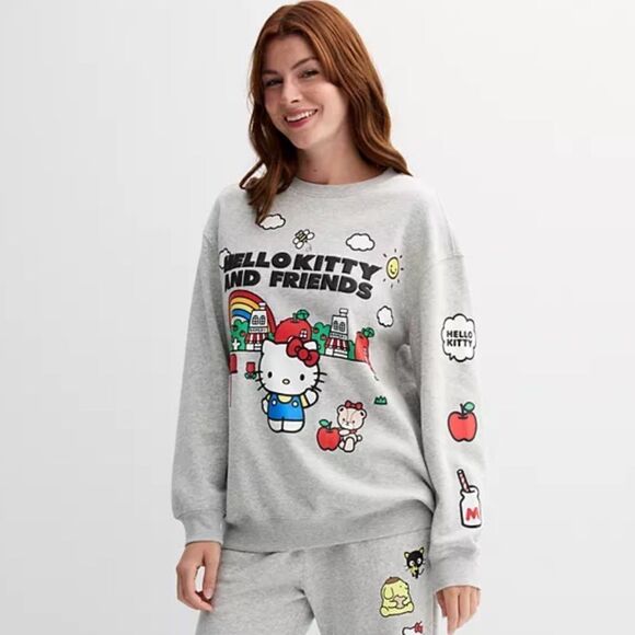 Hello Kitty & Friends M Heather Gray Crewneck Fleece Interior Cotton Sweatshirt - Picture 1 of 10